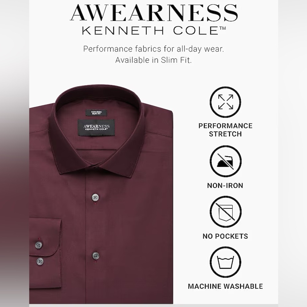 🛑 Kenneth Cole Awearness Non-Iron Slim Fit Men's Burgundy Dress Shirt